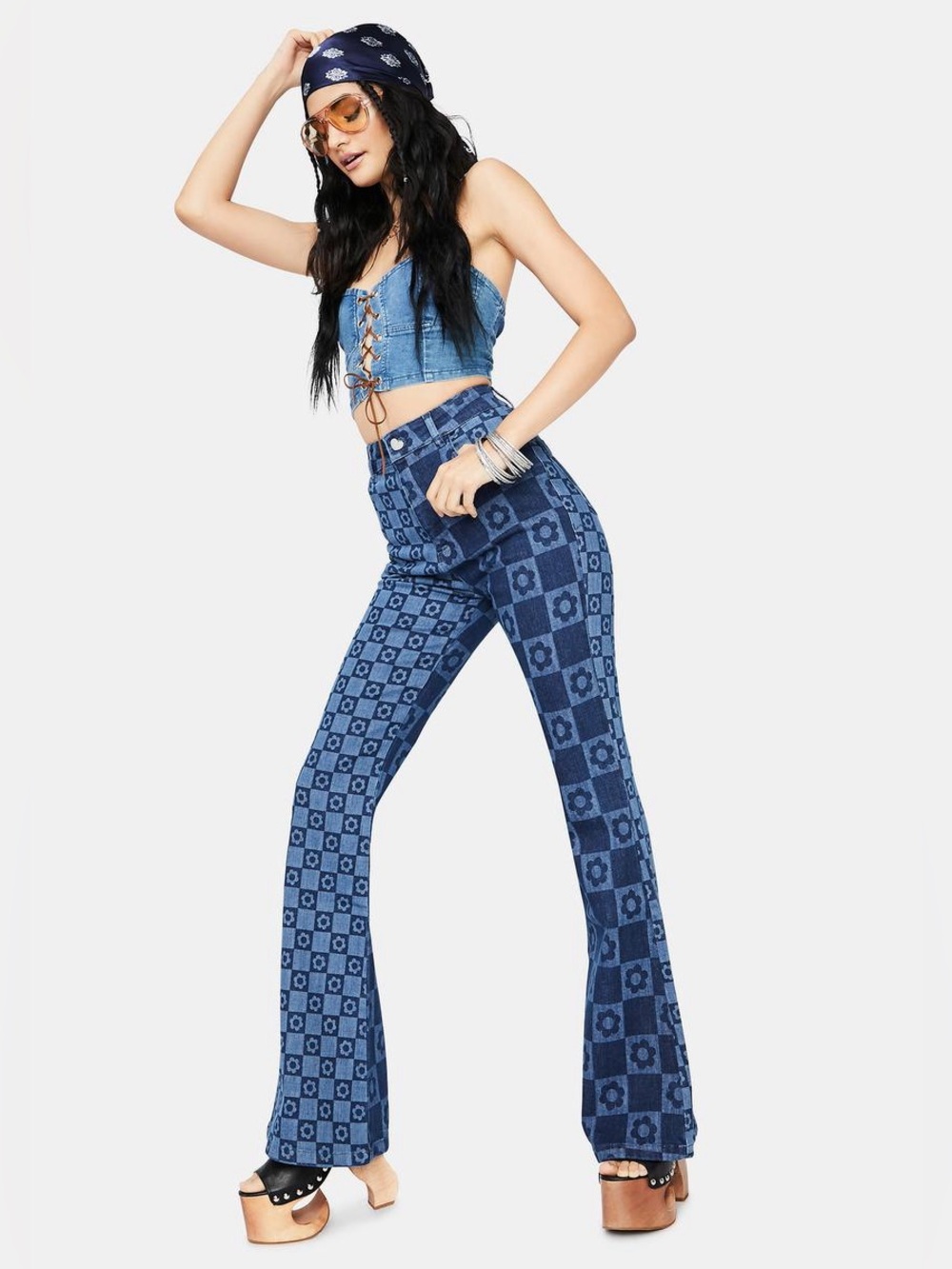 Jaded London Flower Check Skinny Flare Jeans W25 Y2K 70s